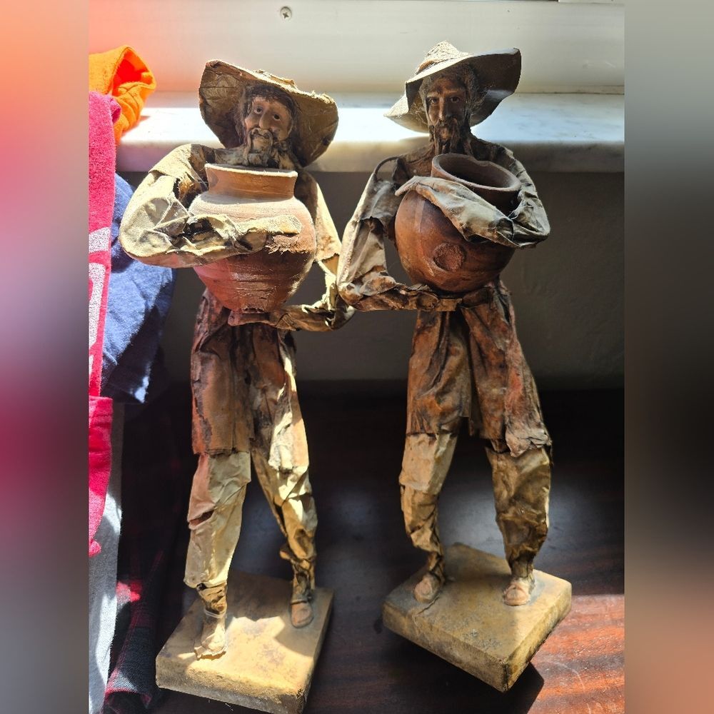 Two Vintage Mexican Folk Art Hand Made Paper Mache Statues 13"